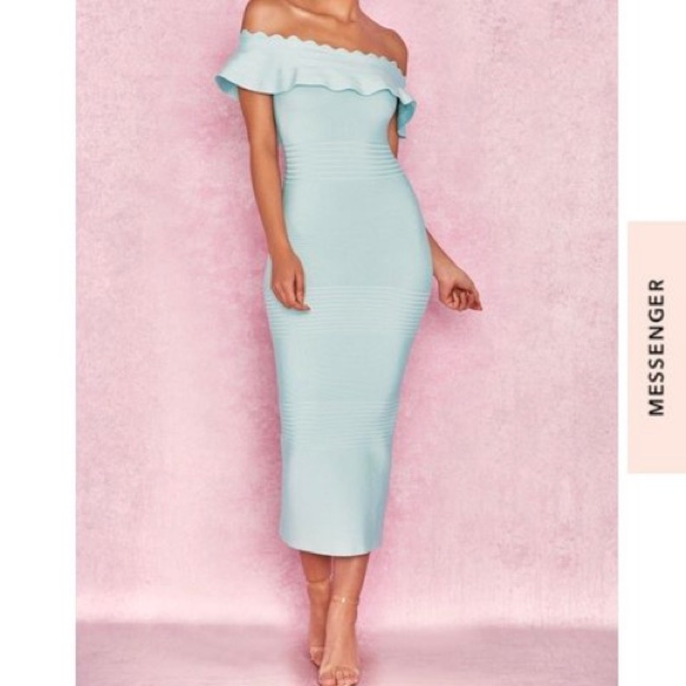 Pale blue off the shoulder fluted bandage dress
